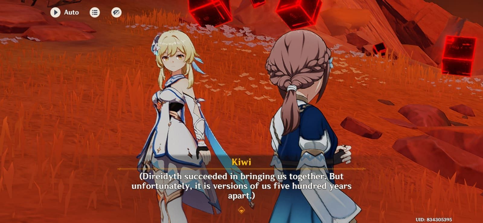 Traveler realising that Direidyth did reunite them, but from different timelines (Image via HoYoverse)